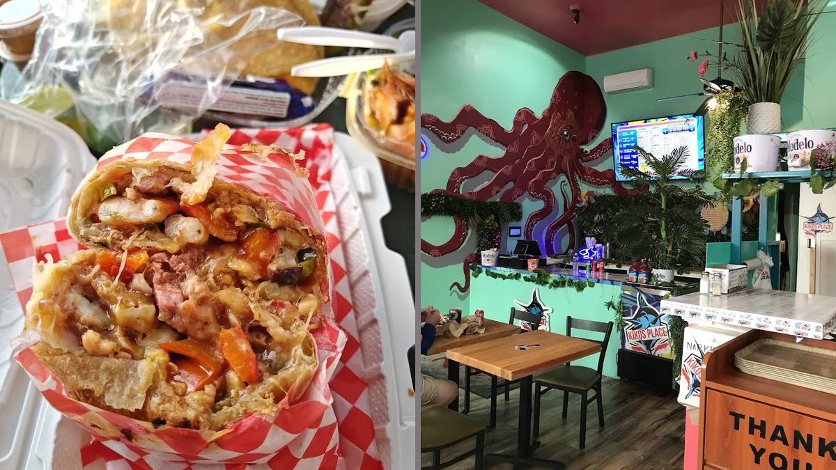 Counter service with prepared seafood dishes.